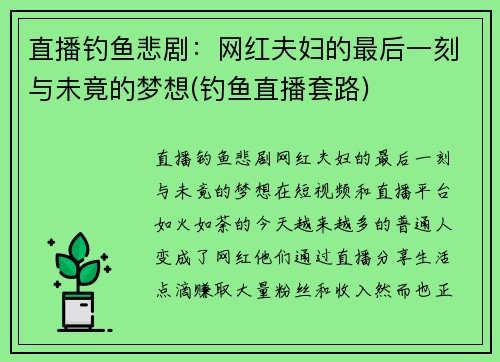 直播钓鱼悲剧：网红夫妇的最后一刻与未竟的梦想(钓鱼直播套路)